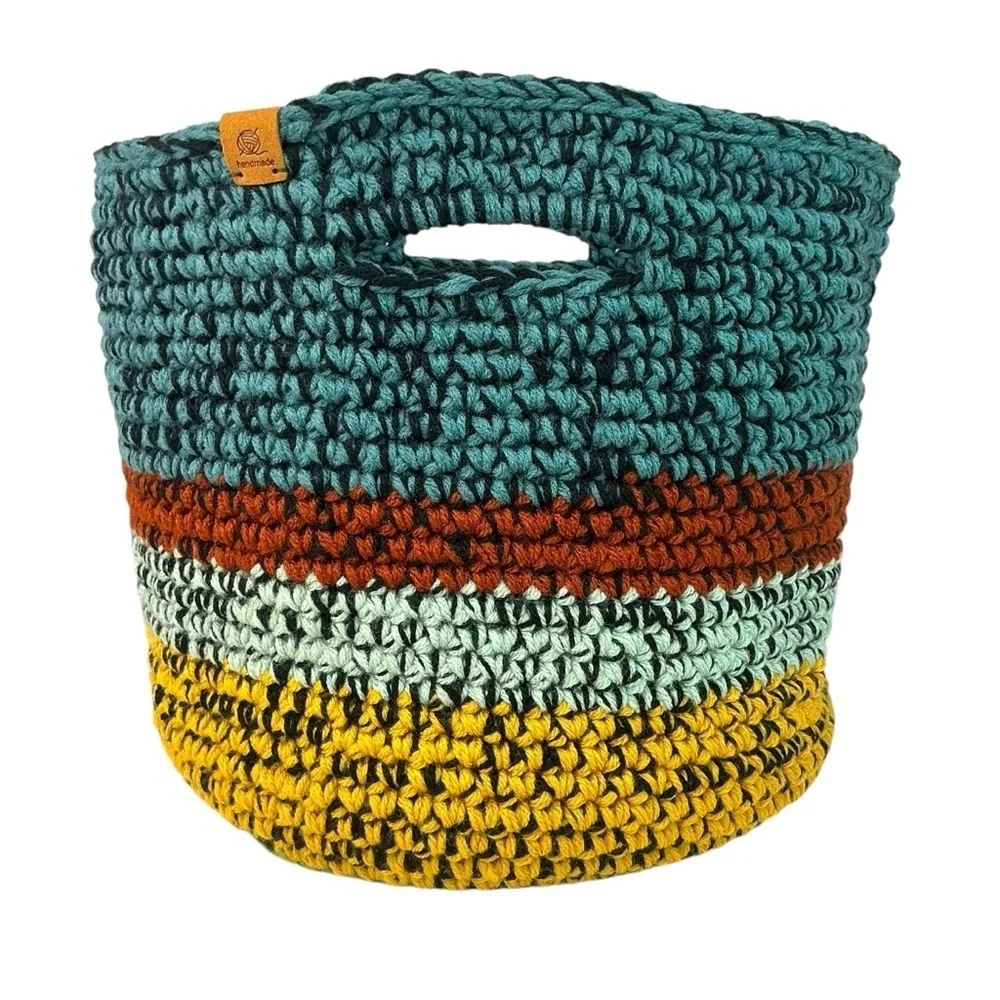 Handcrafted Multicolor Crochet Scrap Woven Tote Bag Basket Storage Handmade Knit